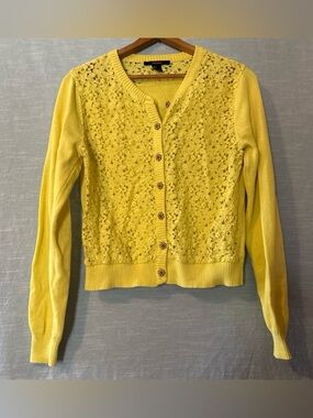 Forever 21 Cardigan Sweater Button Up Long Sleeve Yellow Lace Women’s Sz L